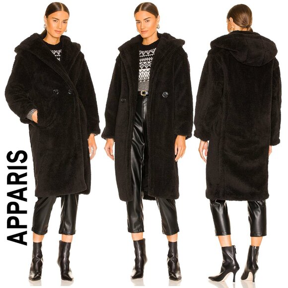 💋HOT ITEM!💋 REVOLVE APPARIS MIA OVERSIZED DOUBLE-BREASTED HOODED COAT in NOIR - Picture 1 of 16